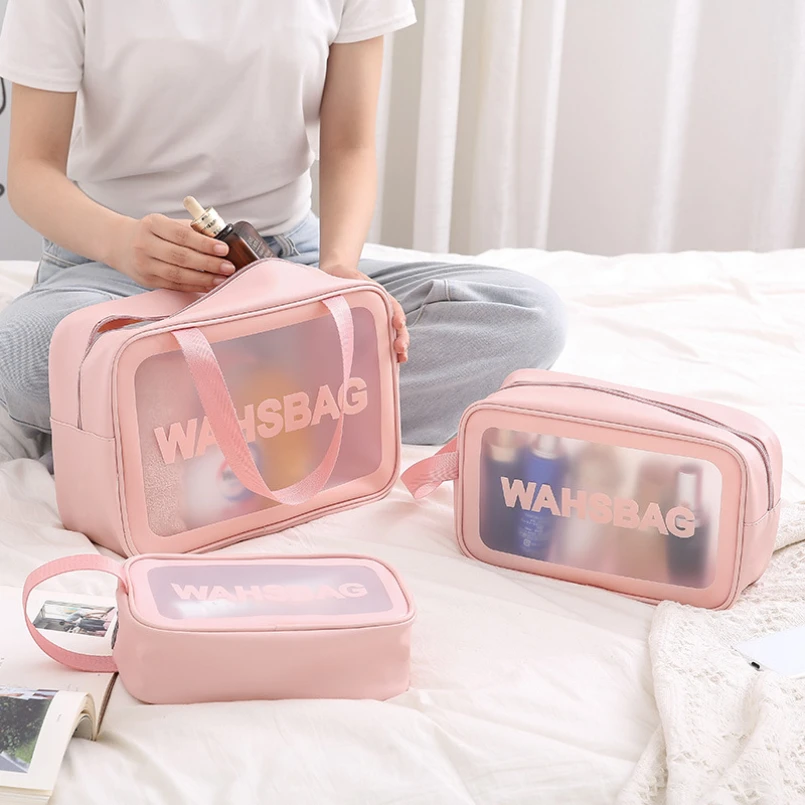 

pu transparent three-piece toiletry bag Large capacity pvc bath bag translucent frosted portable storage bag for women