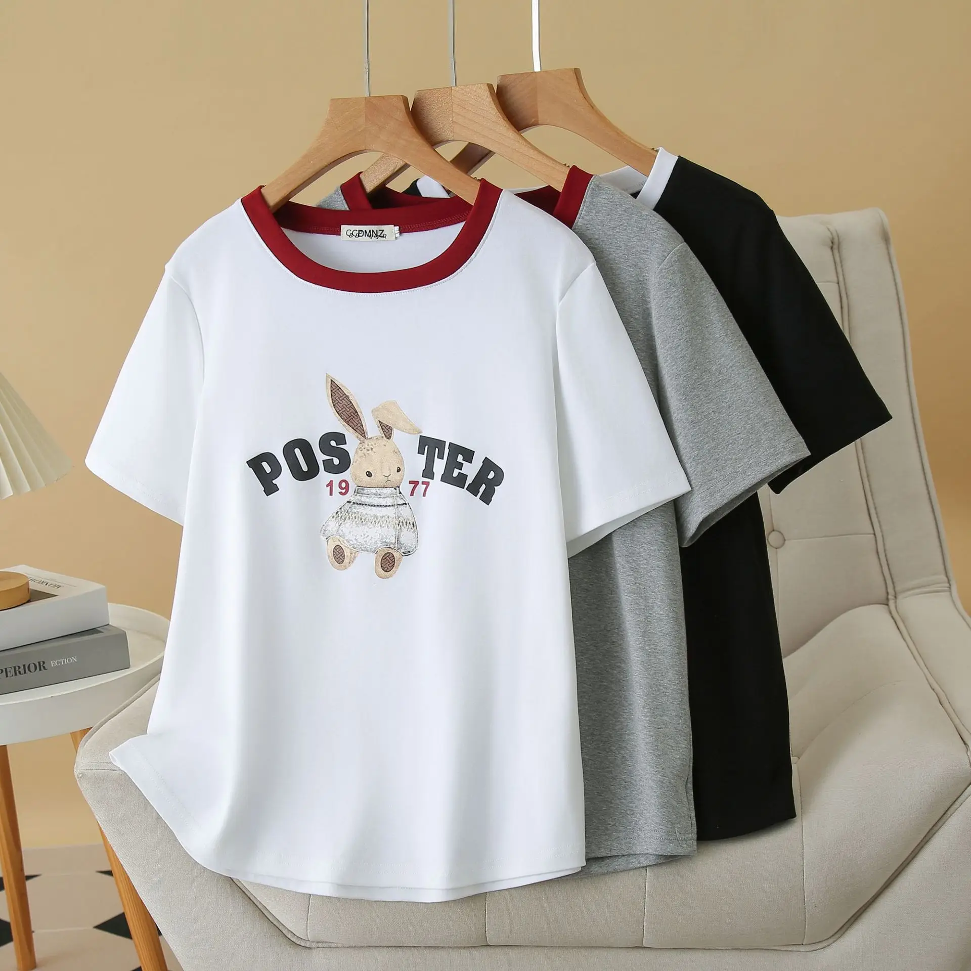 Summer Top 100kg New Casual Block Color Collar Print Rabbit Short Sleeve Tees Plus Size Women T-shirt 019