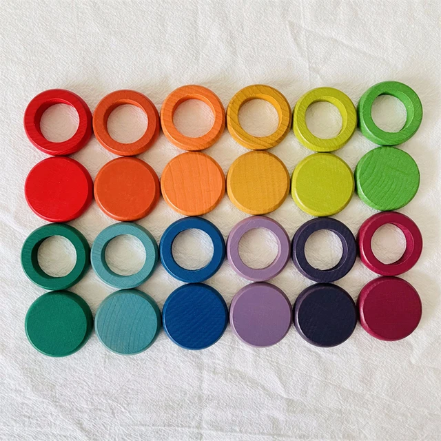 Rainbow Colored Wooden Rings Coins Blocks Kids Open Ended Play Toys Baby Montessori Activity At Home Stacking Game Loose Parts 4