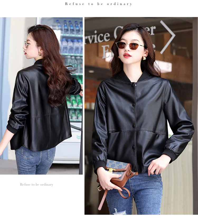 New Women Casual Leather Jacket Spring Autumn Fashion Patchwork V-Neck Single Breasted Loose Short Outerwear Split Leather