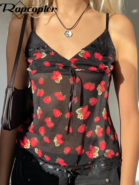 Rapcopter Y2K – haut court à la fraise avec nœud Bandage, Mini gilet, mignon, rétro, transparent, Sexy, Tee-shirt de vacances pour femmes, féerique, années 90 | AliExpress