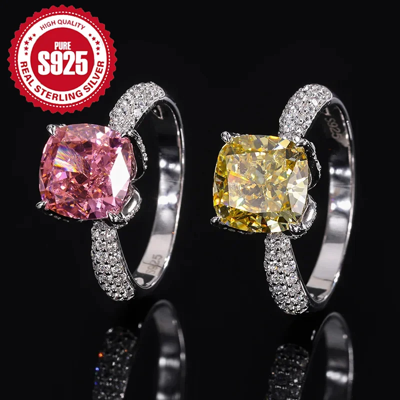 

S925 Sterling Silver Pink Yellow 2-Color Zircon Square Ring High-End Luxury Fashion Women's Engagement Wedding Jewelry Gift
