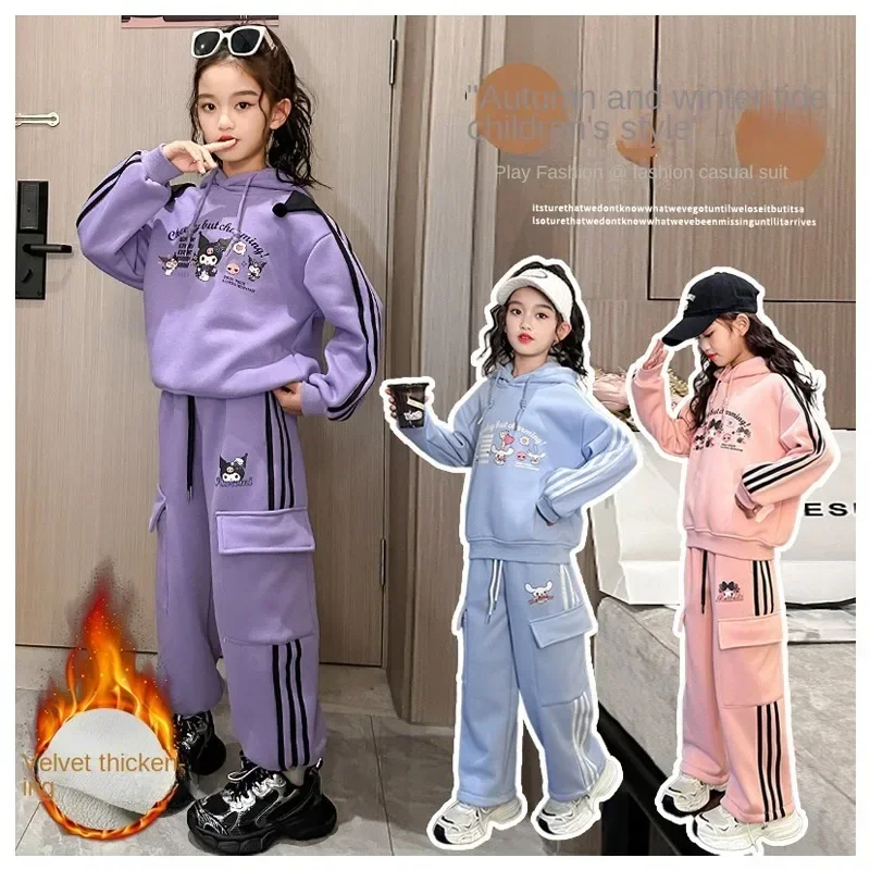 

Мультяшный Sanrios My Melody Cinnamoroll Kuromi для девочек Повседневный спортивный набор кавайный свитер с длинным рукавом и капюшоном свободные брюки детский подарок