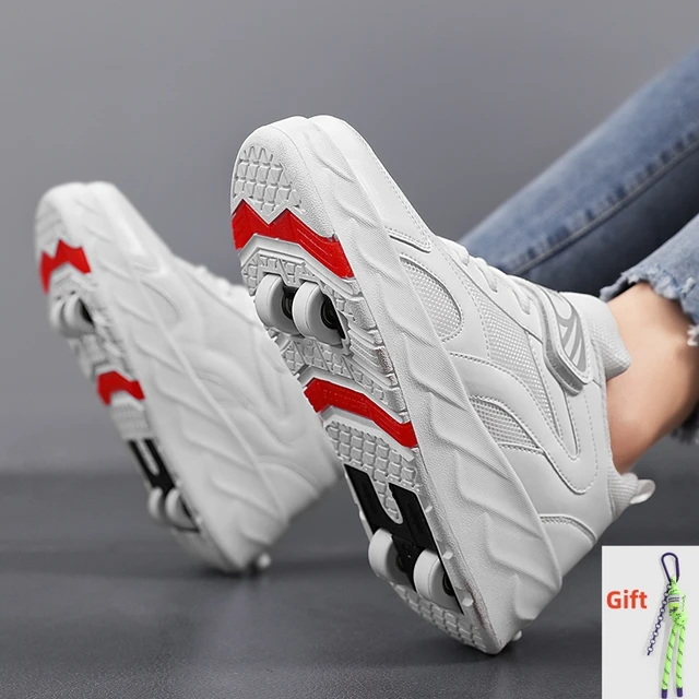 White Fashion Casual Sport Gift 2 Wheels Deform Roller Skate Shoes  Deformation Parkour Runaway Sneakers For Kids Boys Girls - AliExpress