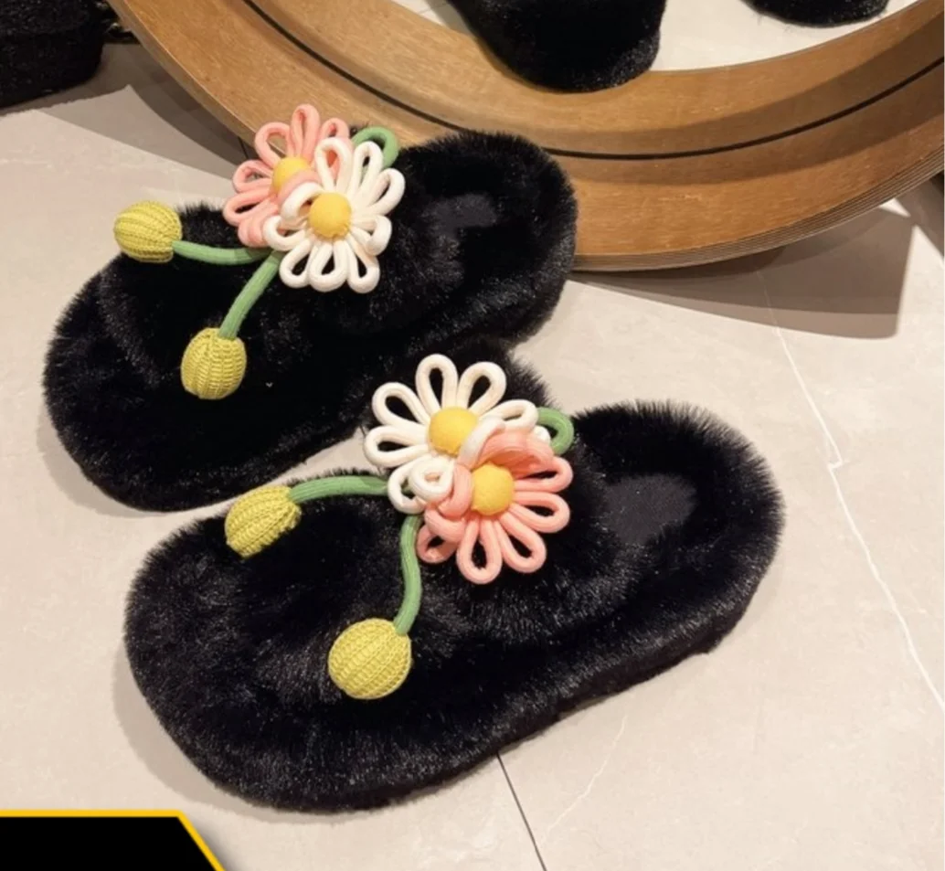 Fresh Flower Plüsch Damen, Bequem Casual, Leicht zu tragen, Hausschuhe fürs Büro, Baumwollpantoffeln mit dicker Sohle,_voghion.com