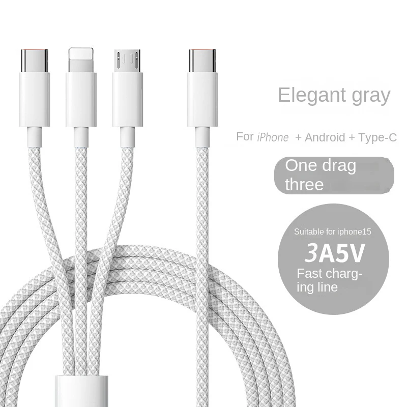 สายชาร์จเร็ว USB-C 3 in 1 สำหรับ iPhone 15 Huawei Samsung