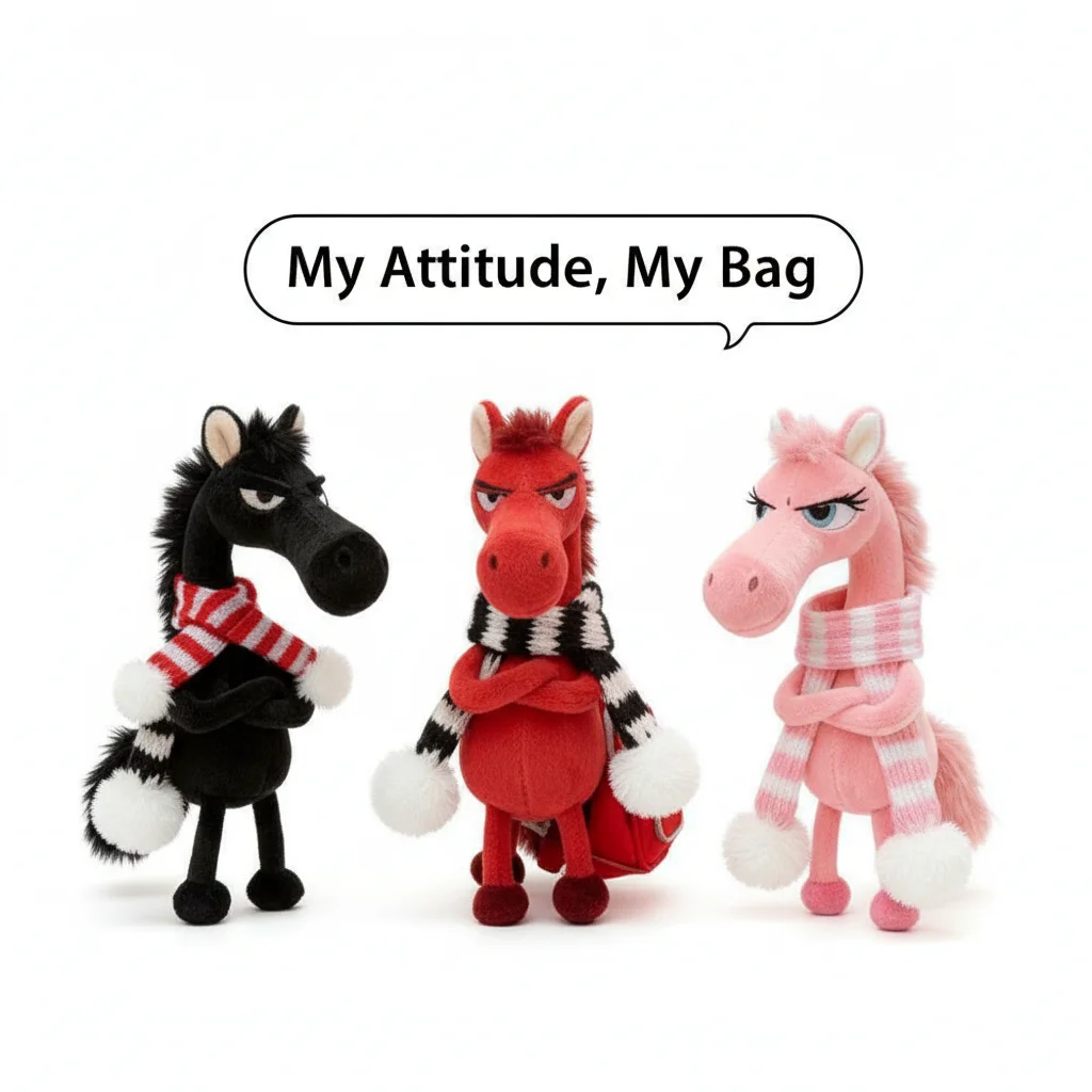 Lustiger Arroganter Pony Plüsch-Schlüsselanhänger Kawaii Schwarzes Pferd Taschenanhänger für Rucksäcke Plüschpuppen-Anhänger Geschenk für Studenten – Detail 5