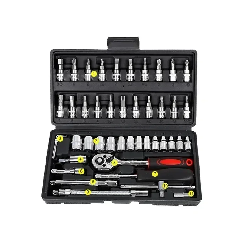 46/53pcs Drive Socket Set 1/4 inch Ratchet Wrench Set with Sockets Metric Hex Bit Socket Set Mechanic Tool Kits for Auto Repair 2