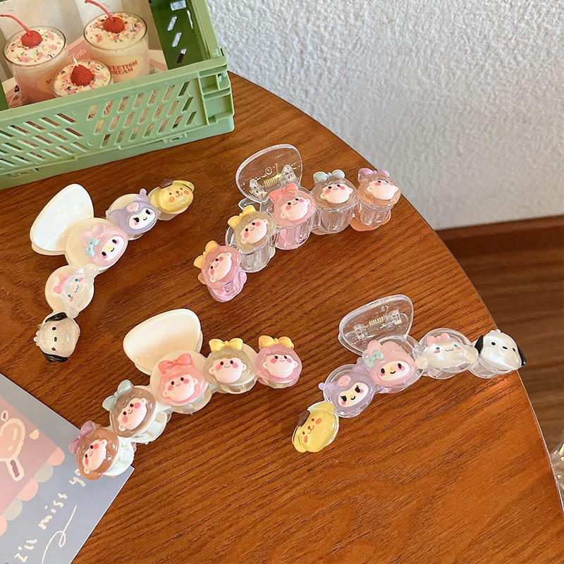 

Sanrio Hair Clip Kawaii Melody Kuromi Fine Flash Transparent Cartoon Shark Clip Girl Heart Ponytail Hairpins Anime Accessories