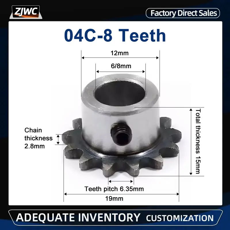 1pc 04C Sprocket 8Teeth Inner Hole 6/8mm 25H 45# Steel Sprocket Table Wheel Finished Hole Screw M5 industrial drive sprocket