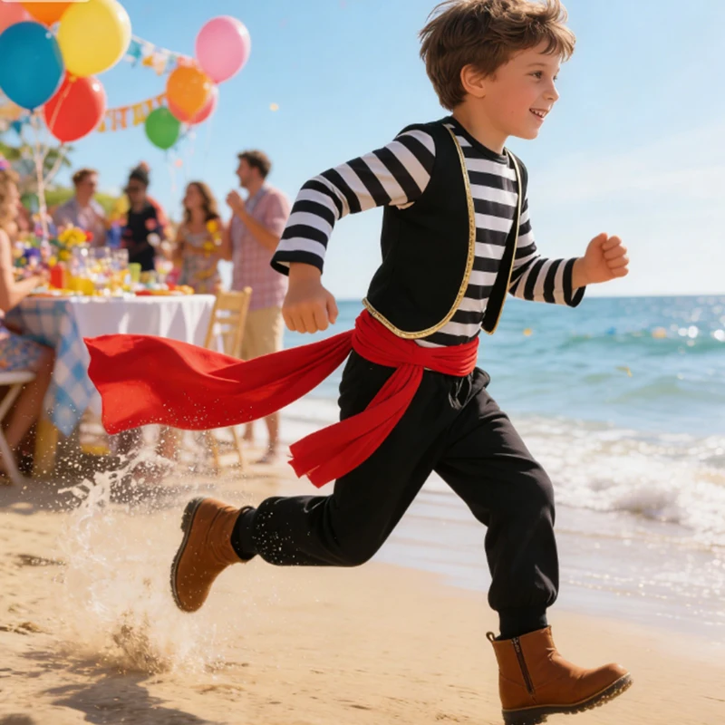 2026 Carnival Costume Boy Captain Sets Pirate Costume For Kids Striped Long Sleeve Top +Pant Suit With Eye Patch Hat Pirate Set 2