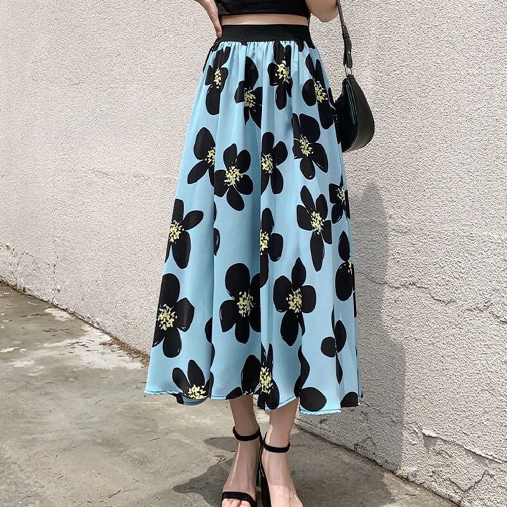 

Women Sweet Floral Print Long Skirt Lady Summer Fashion Midiskirt Elastic High Waist Skirt Holiday Beach Skirts Sexy Dropship