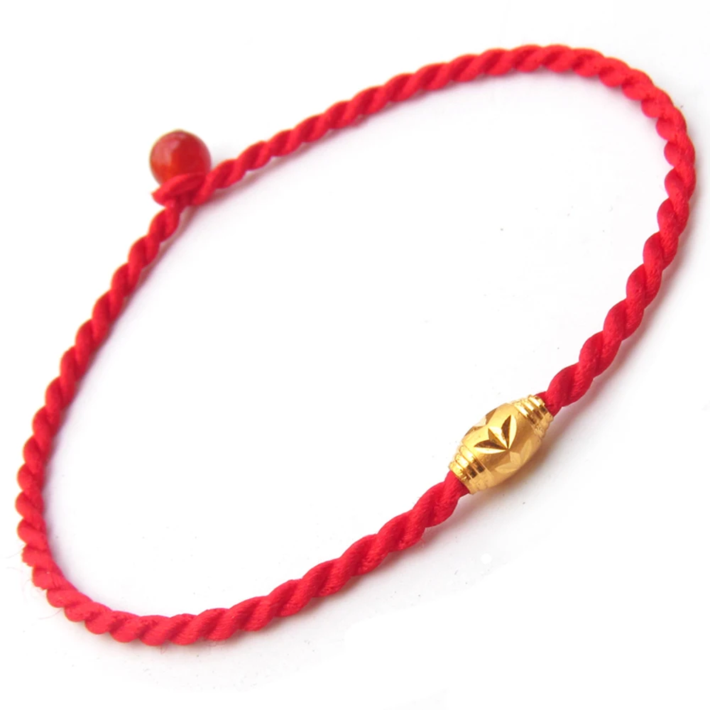 

New Pure 24K Yellow Gold Rice Luck Star Pattern Olive Bead Red Knitted Bracelet 0.2g