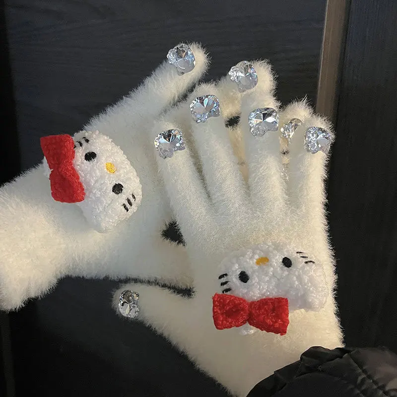 산리오 헬로 키티 여성용 장갑, 귀여운 키티 고양이 봉제 장갑, 따뜻한 부드러운 봉제 양모, 풀 핑거 장갑, 다이아몬드 선물