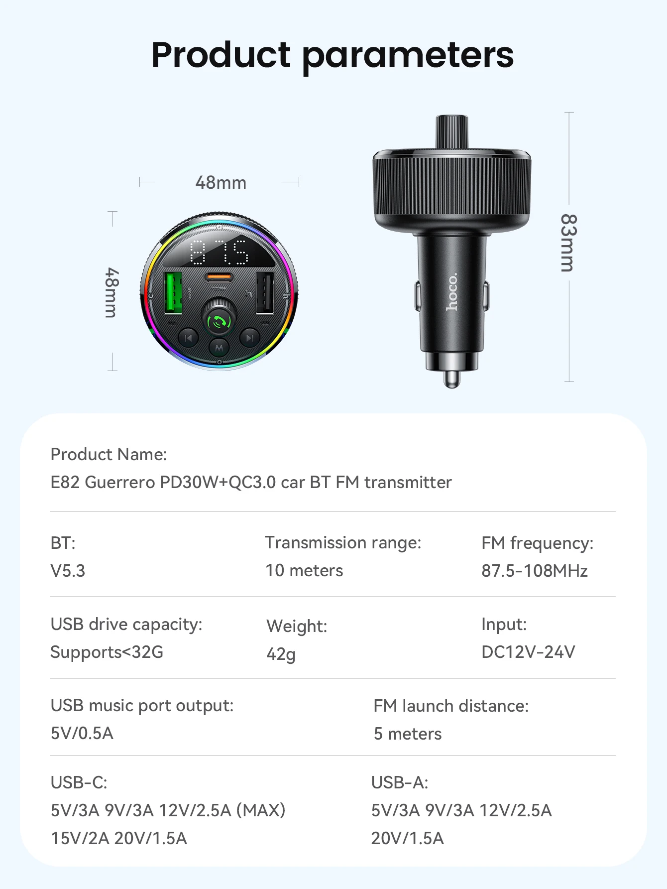 HOCO E82 48W Bluetooth 5.3 Car FM Transmitter with PD30W & QC3.0