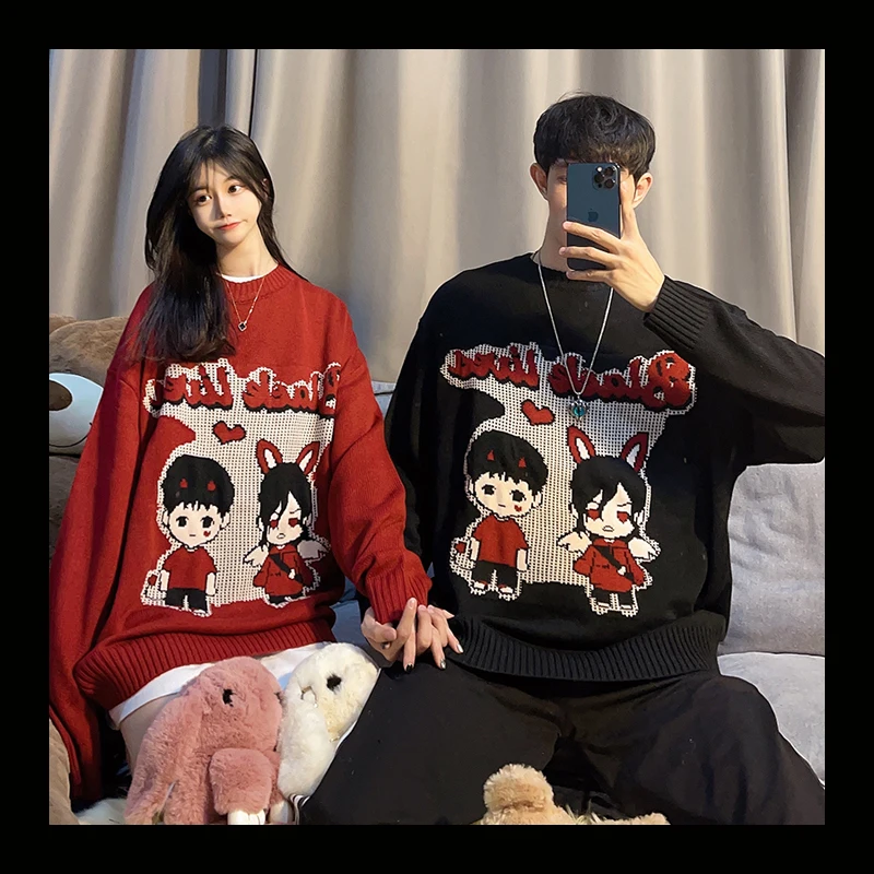 Angel Women Black Lived Couples Harajuku Knitting Knitwear Men Oversized Japanese Anime Cartoon Knitted Unisex Sweater Tops 2