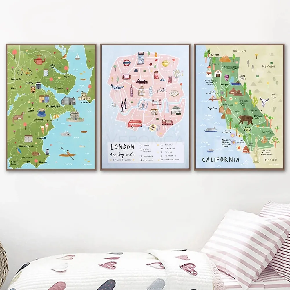 

Cartoon Art City Map Poster for Kids Room California London Paris New York Canvas Prints Wall Paintings Picture for Home Decor