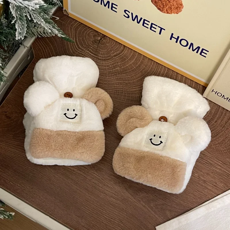 

Теплые плюшевые перчатки для женщин Bear smiley face miss подходят для студентов с флисовой подкладкой