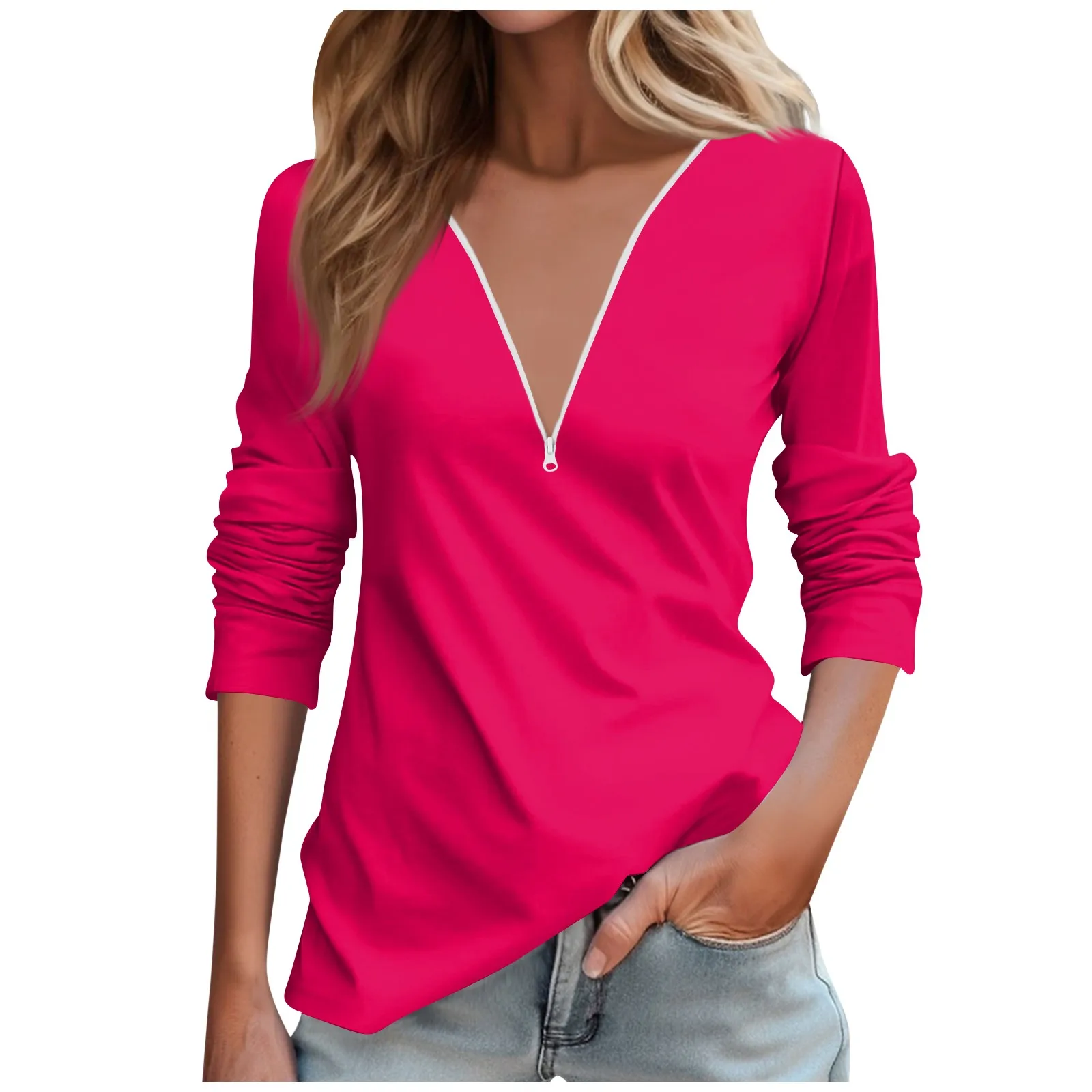 

V Neck Zipper T-shirt Women's Spring Autumn Casual Gradient Color Printed Long Sleeve Top Loose Abstract Clothes New Shirts