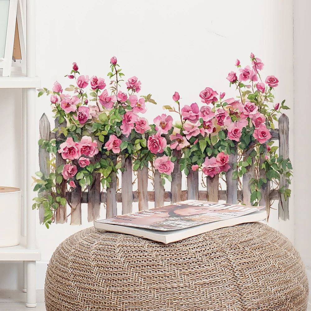 Pink Rose Fence Flowers Wall Art Decor Living Room Self Adhesive Wall Stickers for Bedroom Office Decoration