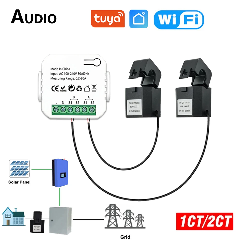 

Умный двухсторонний измеритель энергии Tuya с Wi-Fi, двухсторонний, 1/2 каналов, с зажимом, приложение для контроля, солнечная энергия, производится и потребляемая мощность, 240 В переменного тока