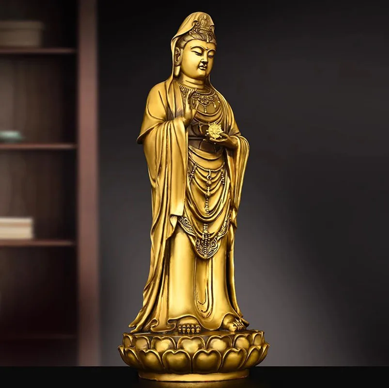 Buddhist Statue Brass Guanyin South Sea Goddess of Mercy Copper Sculpture, Lotus Base Meditation Figure for Prayer Room Decor