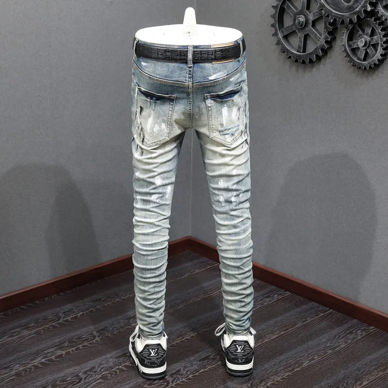 Streetwear Fashion Men Jeans Retro Blue Stretch Skinny Fit Ripped Jeans Men Splashed Painted Designer Hip Hop Brand Pants Hombre