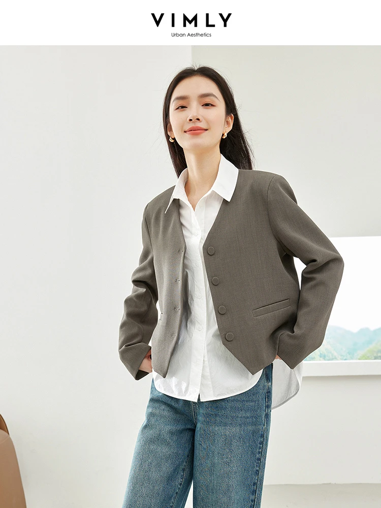 Vimly Elegant Women's Tailoring Blazer V-neck Casual Cropped Jacket 2023 Autumn New Single Breasted Long Sleeve Woman Coat M5031