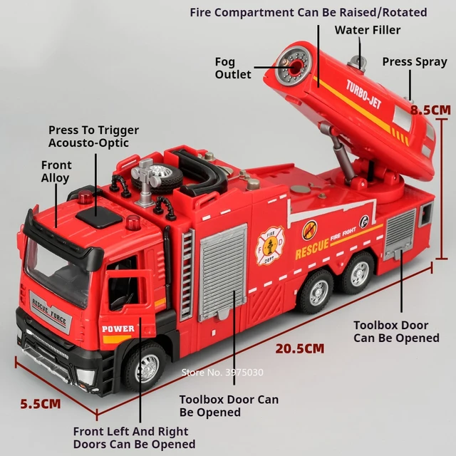 1/32 Spray Fire Engineering Truck Car Toy Model Alloy Diecast Doors Opened Sound Light Rubber Tires Vehicle Collection Kid Gift 2