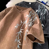Bamboo Leaf Acid Washed Oversized Summer Streetwear Tee