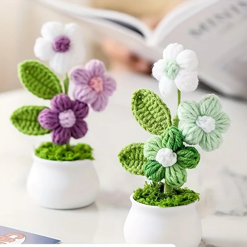 DIY Handwoven Mini Potted Flower Rose Office Desktop Ornamental Potted Plants Woolen Thread Finished Product Home Decoration