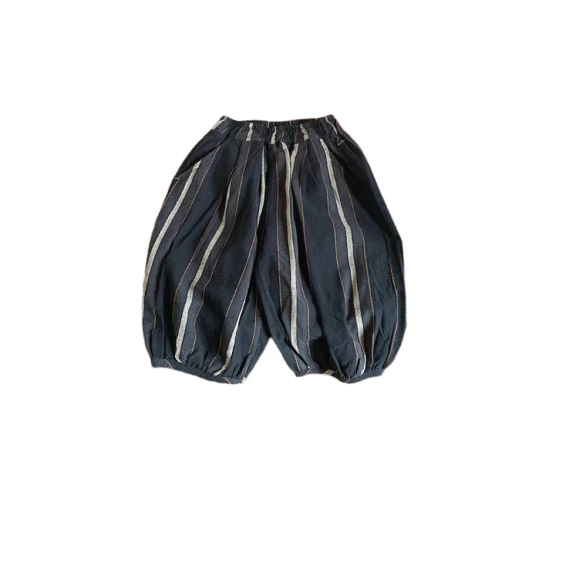 

2023 Summer Boys' Korean Edition Vertical Stripe Wide Leg Pants for Children's Versatile Loose Cotton, Hemp, and Radish Pants