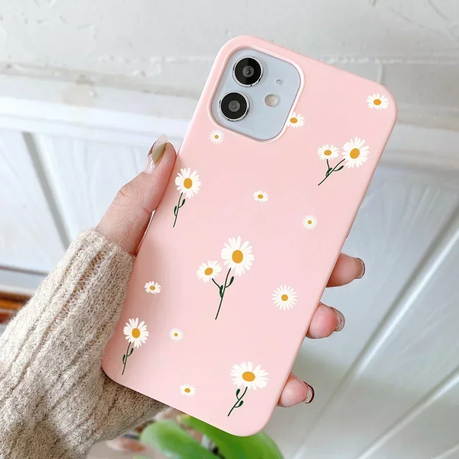 thumbnail image 1 of Funda de teléfono con diseño de margaritas sencillas para iPhone 14, 13, 12, 11 Pro Max, 12 Mini, 7, 8 Plus, XS Max, X XR, carcasa trasera de TPU suave en color rosa y blanco, 1 of 4