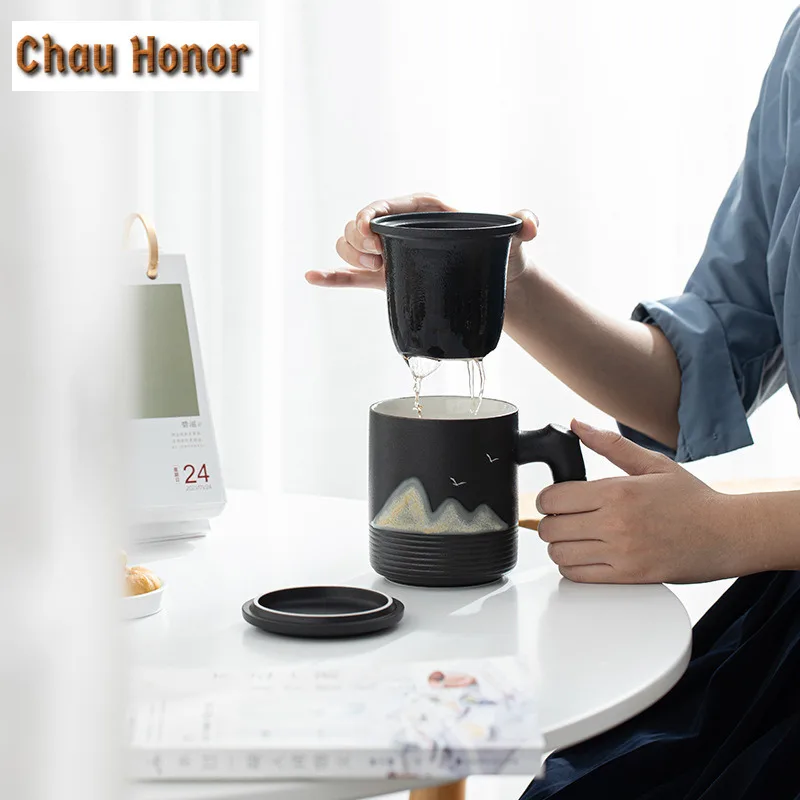 400ml Japanese Hand Painted Distant Hills Coarse Pottery Mug With Handle Filter Lid Coffee Cup Home Porcelain Cup Office Tea Mug