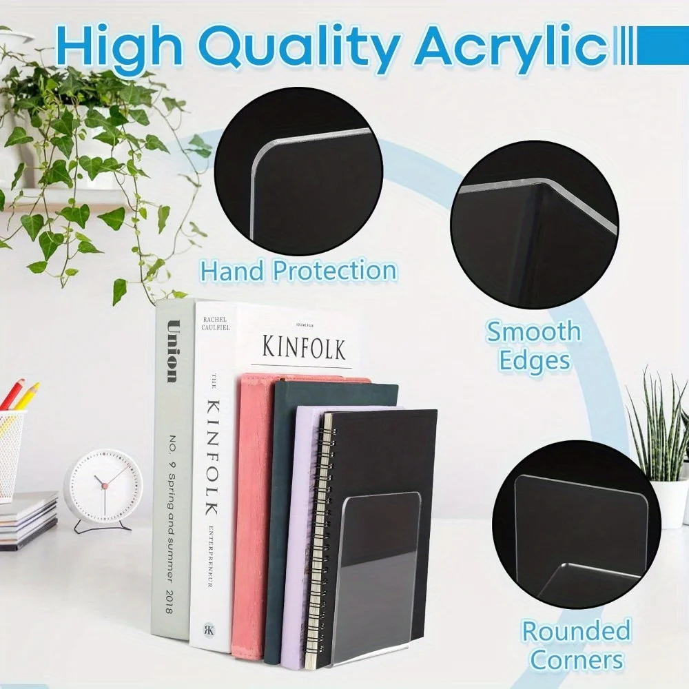 4/8pcs Set Clear Acrylic Bookends - Desktop Display Stands for Office, Home & Retail Use, Book Storage, Transparent 2