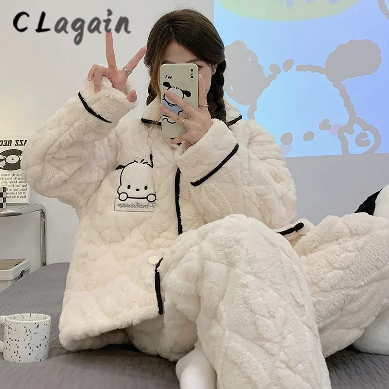 

2023 New Coralline pyjamas Women's Winter three-layer cotton-padded flannel warm warm girl lovely home dress set