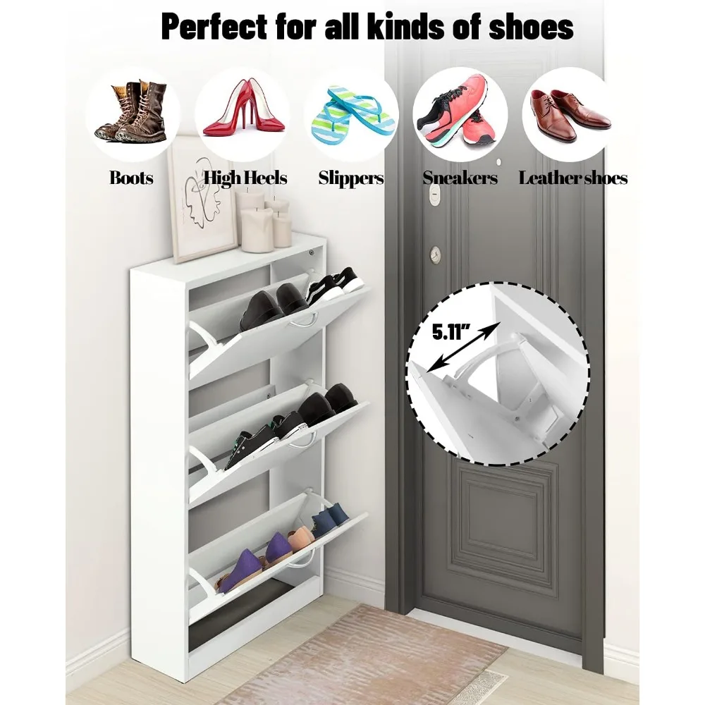 Shoe Cabinet for Entryway, White Narrow Storage Cabinet Flip Down Shoe Rack Wood 3 Tier Organizer