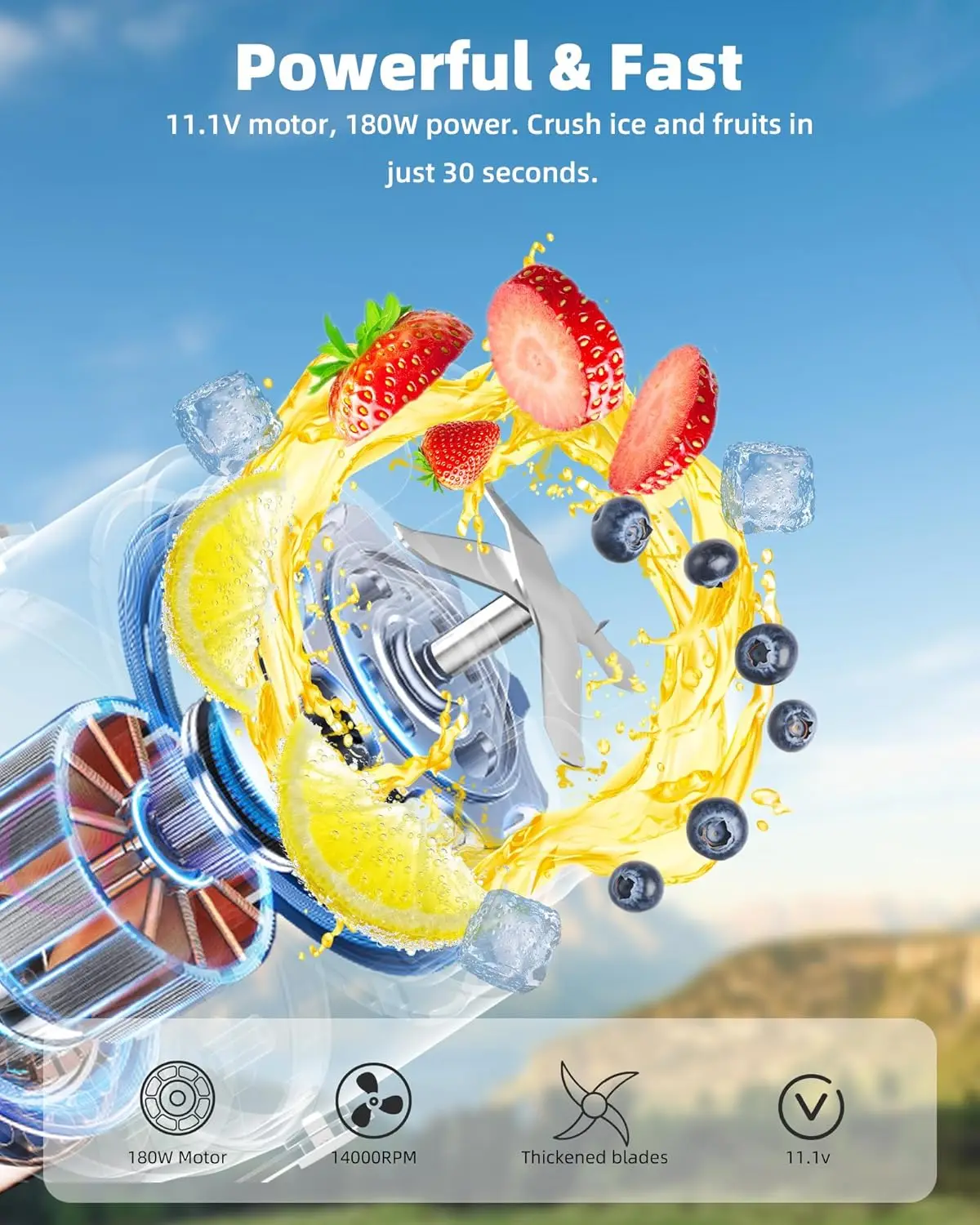 Portable Blender with Insulated Cup, 20 oz, USB-C Rechargeable, 11.1V Motor, LED Display, Stainless Steel, Keep Cold 24H, Self-c