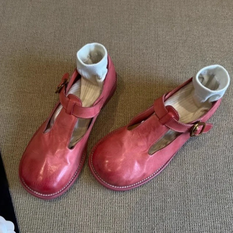 Vintage Pink T Strap Mary Jane Shoes for Women Round Toe