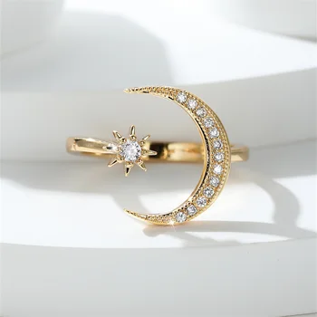 Minimalist Female Stacking Boho Star Moon Rings For Women Silver Rose Gold Color White Crystal Open Size Ring Wedding Bands Gift