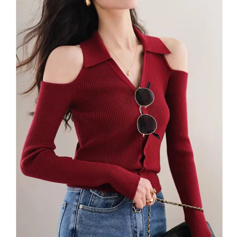 New Autumn and Winter Women's Clothing Lapel Sexy Off-the-shoulder V-neck Women's Long-sleeved Sweater Fashion Cardigan Knitwear