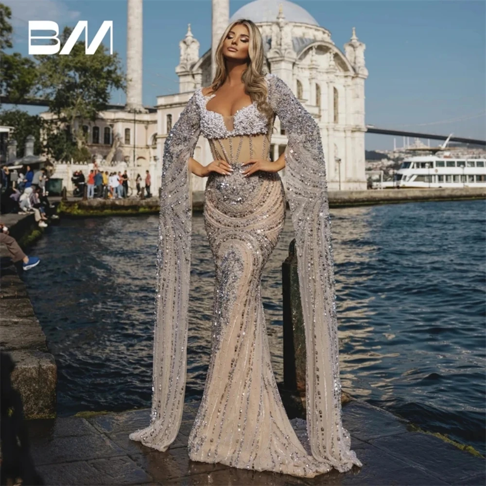 

Luxury Heavy Beads Long Cape Sleeve Prom Dress Nude Lining Women Party Gown Mermaid Formal Dresses Custom Made Robe De Soriee