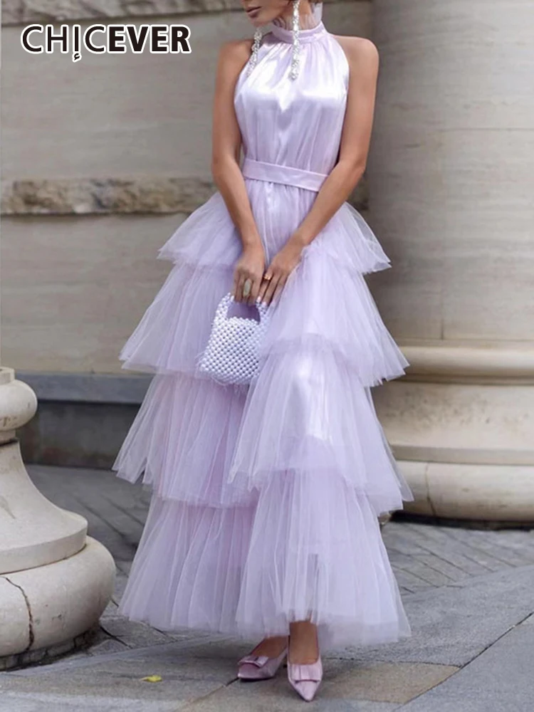 

CHICEVER Solid Patchwork Tiered Mesh Dresses For Women Halter Sleeveless High Waist Summer Elegant Minimalist Slim Dress Female