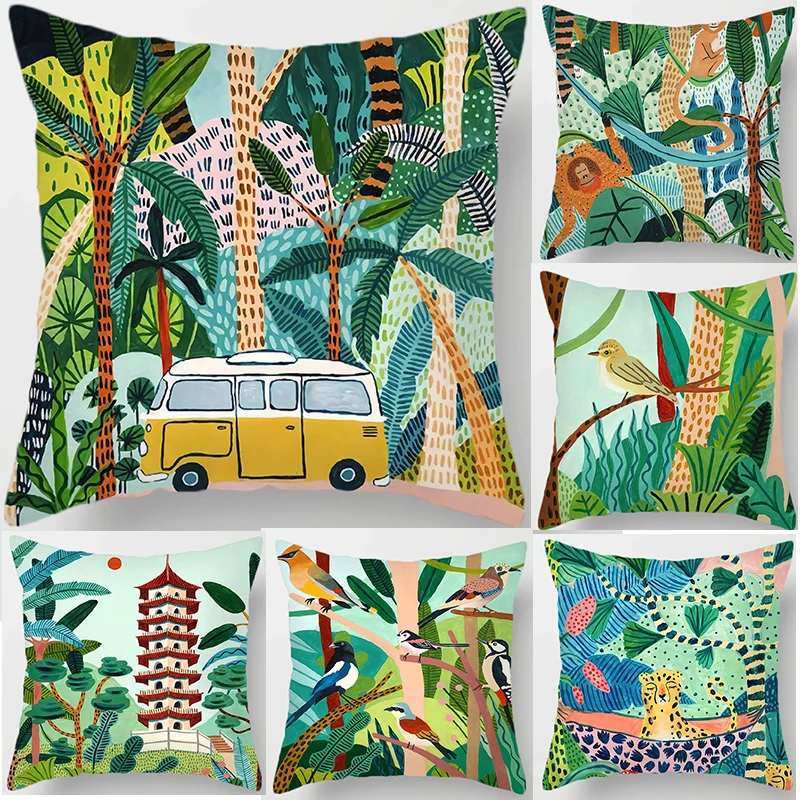 

Animal Forest Throw Pillows Cushion Cover Tropical Palm Plant Flower Bohemian pillow Decorative Pillowcase for sofa