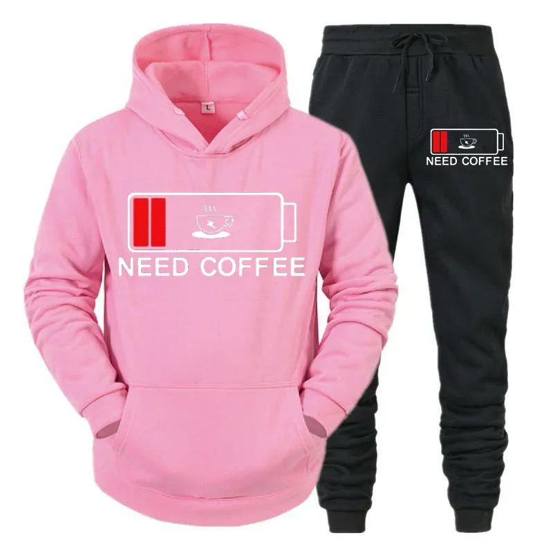 thumbnail image 1 of Conjunto de 2 piezas de sudadera y pantalón divertidos para hombre con estampado "Need Coffee" de manga larga con capucha y patrón de batería baja, ropa deportiva, 1 of 5