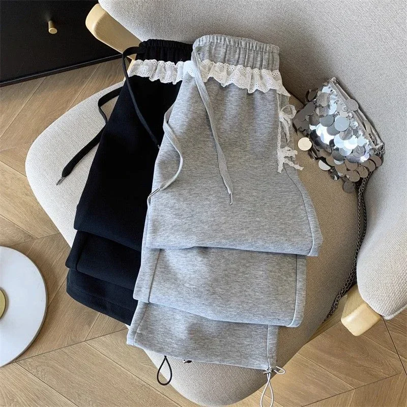 Gray Lace Patchwork Sweatpants Women High Waist Sweet Trousers Korean Fashion Loose Female Elegant All Match Wide Leg Pants