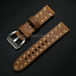 Elegant Crazy Horse Leather Watch Strap - Handmade, Thick, Stitched Replacement Band with Quick Release - 22mm (Dark Brown)