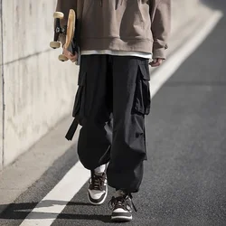 Korean Version Vintage High Street Casual Work Pants Men's Students Solid Elastic Waist Pockets Loose Wide Leg Straight Trousers