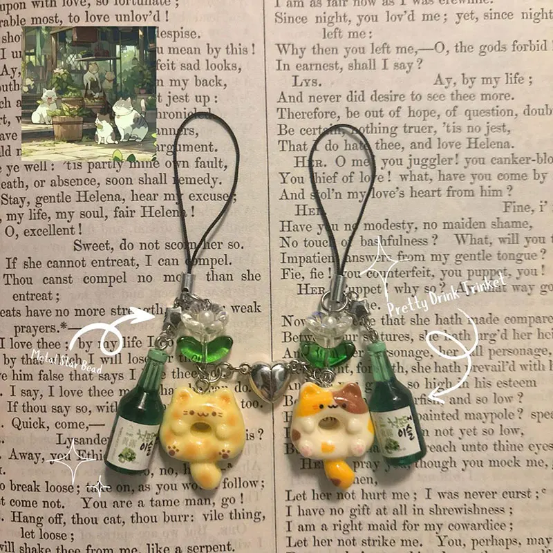 Calico & Orange Cat with Green Ramune Drink Phone Charm Duo