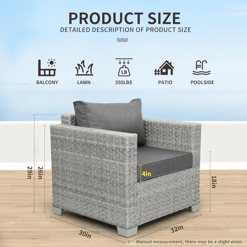 Outdoor Sofa Wicker Patio Chairs Set of 2, Porch Single Chair Grey Rattan Deep Seating Armchair Balcony Furniture with Gr 2
